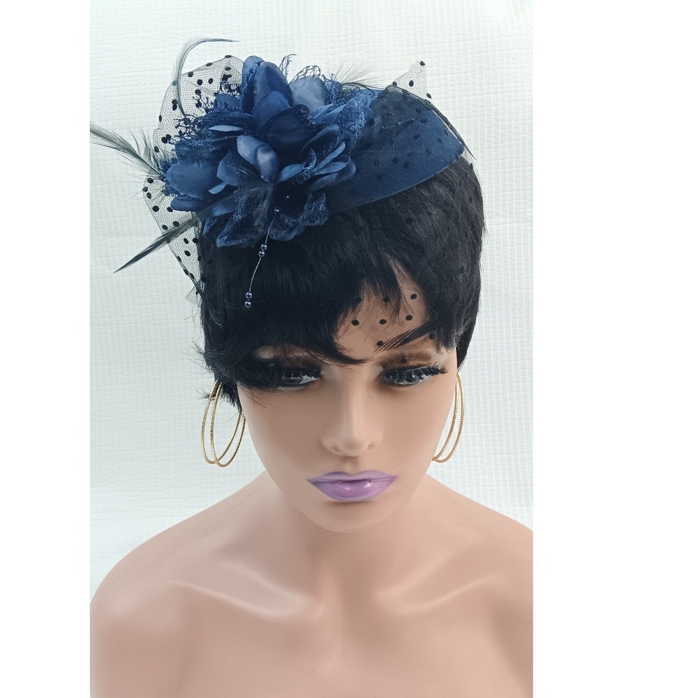 Vintage Style Navy Blue Fascinator Hat Polka Dot Veil Floral Hair Clip Accessory - Picture 1 of 5